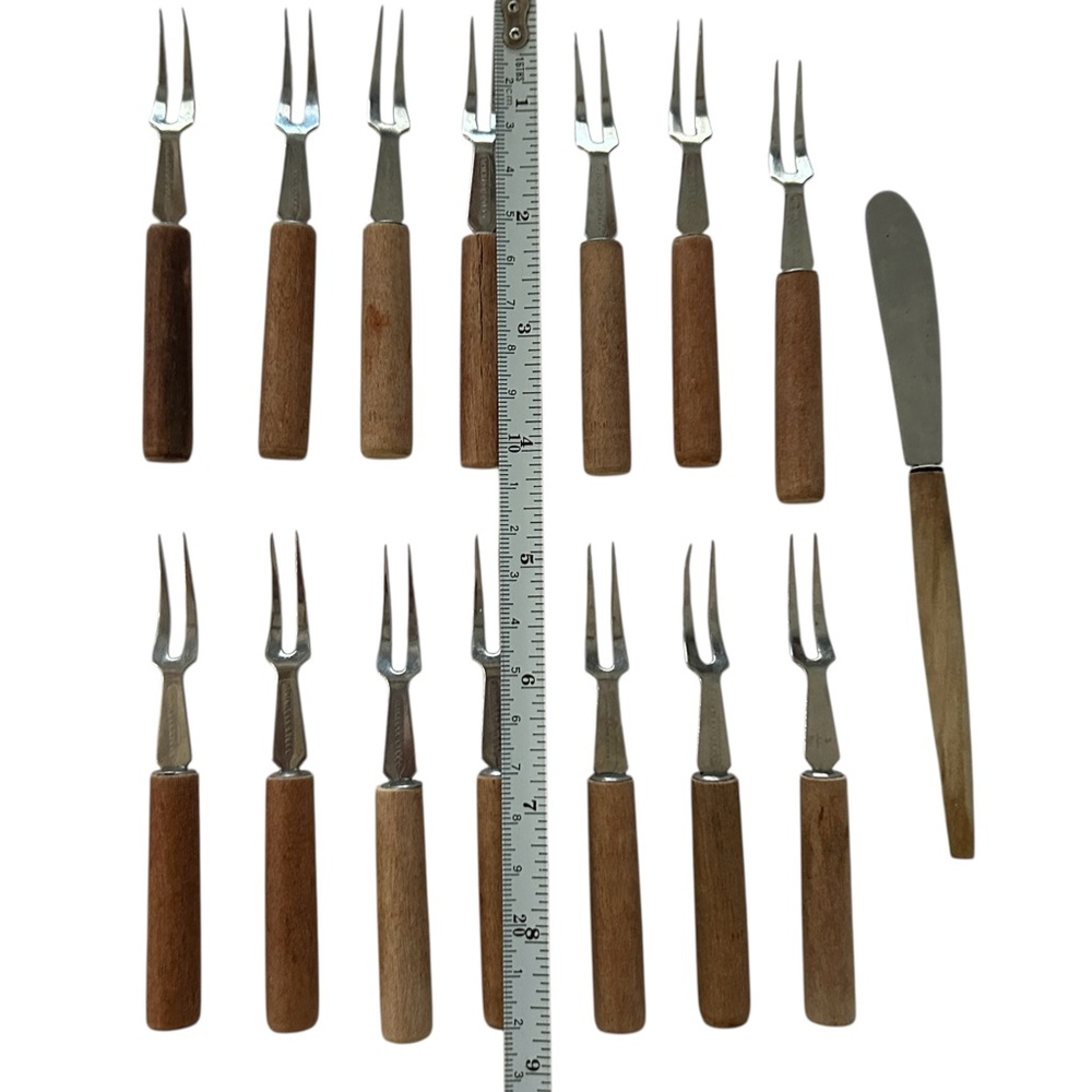 Cocktail  Appetizer Forks And Knife Small Stainless Steel & Wood 15 Pc Vintage - Picture 7 of 15